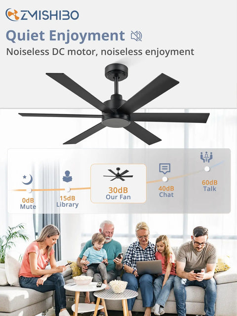 48 Inch 6 Blade Ceiling Fan No Light Black Finish With Quiet Reversible DC Motor 6 Speeds Ideal For Living Room Bedroom Patio Indoor Outdoor Use Energy Saver For Quiet All Season Comfort displayed in a family room.