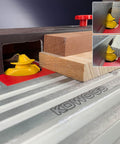 Router Bit Setup Jig For 45 Degree Lock Miter Quick Setup For One Half And Three Quarter Cutting Height Precise Machining Time Saving Jig Compatible With 45 Degree Lock Miter Router Bits in use with wood panels on a table saw