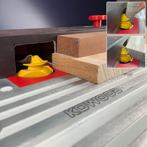 Router Bit Setup Jig For 45 Degree Lock Miter Quick Setup For One Half And Three Quarter Cutting Height Precise Machining Time Saving Jig Compatible With 45 Degree Lock Miter Router Bits in use with wood panels on a table saw