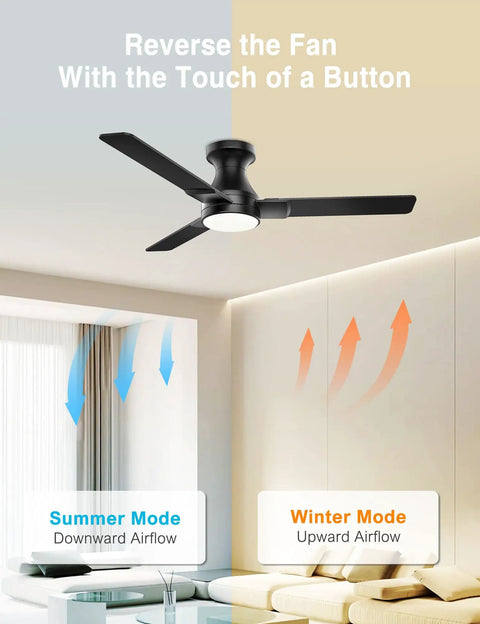 42 Inch Ceiling Fan With Lights 3 Blades Low Profile Flush Mount Black Finish Dope Remote And App Control 6 Color Temperatures
