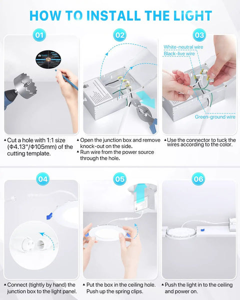 Instruction steps for installing 12 Pack 4 Inch Ultra Thin LED Recessed Ceiling Lights With Junction Box 3000K Warm White 9W 75W Equivalent Dimmable Can Killer Downlights 750 Lumens ETL Energy Star Certified