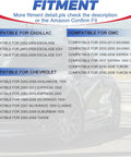 Fitment guide showing compatibility for Cadillac, GMC, and Chevrolet vehicles, including Silverado 1500 4WD and Yukon XL 1500 AWD.