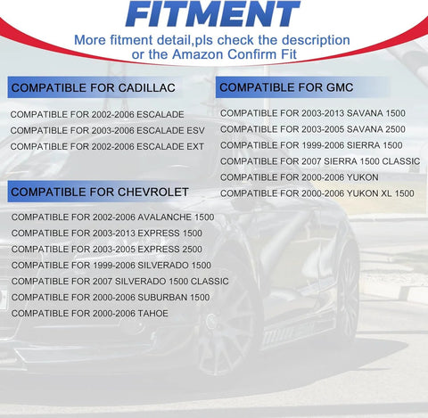Fitment guide showing compatibility for Cadillac, GMC, and Chevrolet vehicles, including Silverado 1500 4WD and Yukon XL 1500 AWD.