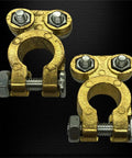 Premium Brass Battery Terminal Connectors engineered for marine car boat and RV applications, showing pair with bolts.