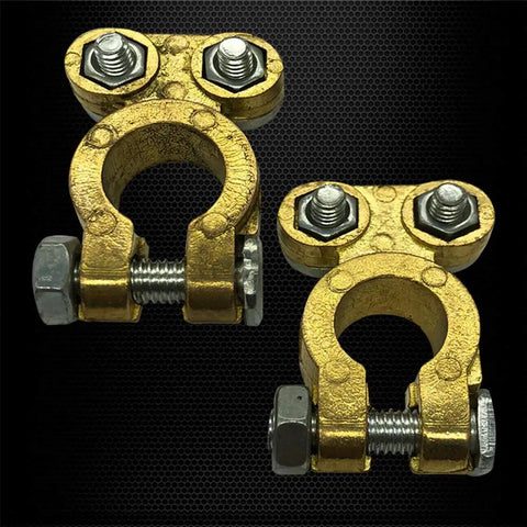 Premium Brass Battery Terminal Connectors engineered for marine car boat and RV applications, showing pair with bolts.