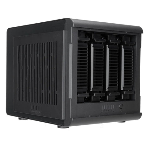 Kickass Four Bay External Hard Drive Enclosure For 3.5 And 2.5 Inch Sata Ssd Hdd features a sleek black design with four drive bays.