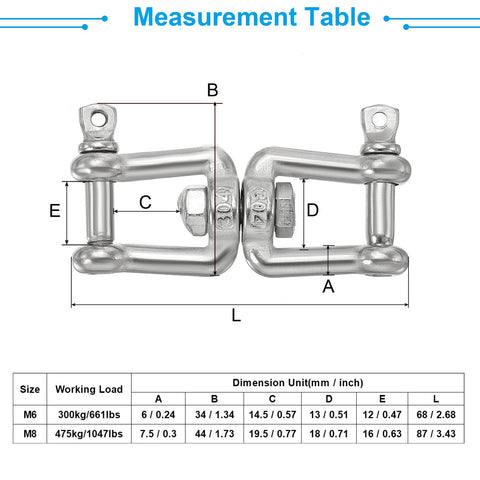 Measurement table for Double Shackle Swivel Hook M8 Working Load 475kg 1047lbs 304 Stainless Steel Jaw To Jaw Connector