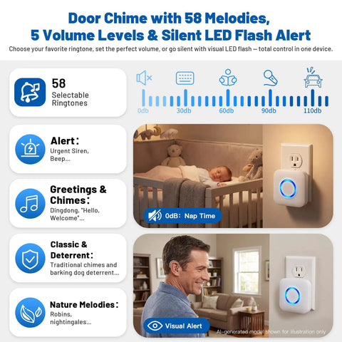 Wireless Door Sensor Alarm Chime For Home And Biz, Instant Door Open Alerts, Ideal For Toddler Safety And Dementia Care, Easy Setup For House Store Office Security, Peace Of Mind; 58 melodies, LED flash