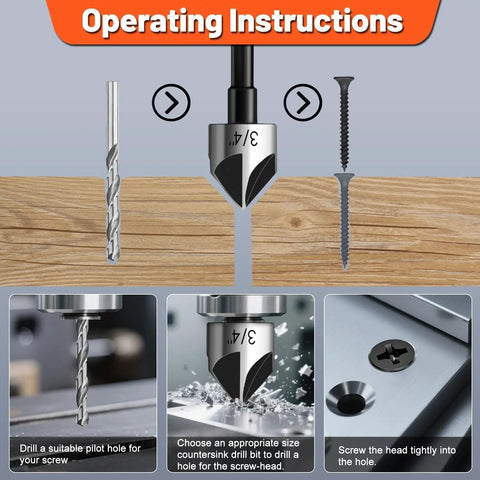 Operating instructions for Five Piece Countersink Drill Bit Set With One Quarter To Three Quarter Inch Shanks HSS 4241 82 Degree Countersink Bits
