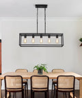 Black Rectangle Kitchen Island Light With Five Linear Pendant Fixtures Modern Industrial Chandelier in dining room.