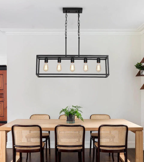 Black Rectangle Kitchen Island Light With Five Linear Pendant Fixtures Modern Industrial Chandelier in dining room.