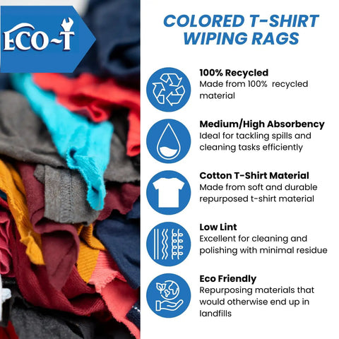 Industrial Mechanic Shop Rags Four Pound Bag Made From 100 Percent Recycled Colored T Shirt Material Highly Absorbent Budget Friendly Low Lint Wiping Cloth For Auto Shop Garage And Heavy Duty Cleaning stacked display