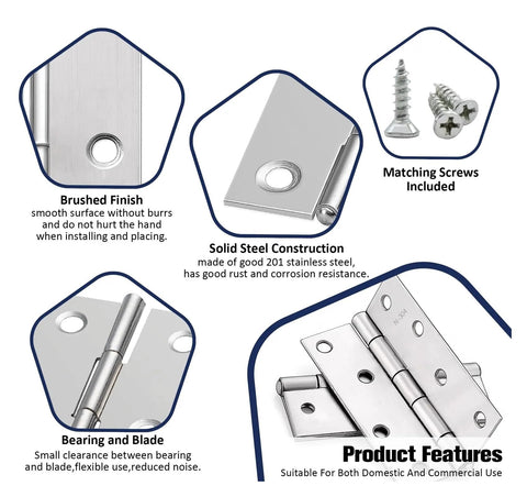 Flat Door Hinge 4 Inch Stainless Steel Ten Pack For Cabinet, Bookcase, Window, And Wooden Doors with brushed finish and screws