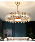 Luxurious Crystal Chandelier Ceiling Fan Light With Silent Quiet Blades And A Slick Remote Control bringing elegance to a modern living room.