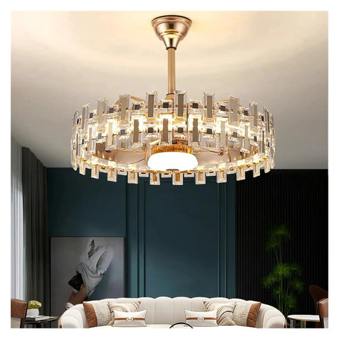 Top Shelf Black Crystal Ceiling Fan Light With Easy Press Remote Hush Glide DC Motor Sleek Chandelier Fan Combo overhead view in modern living room