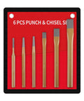 Solid 6Pcs Center Punch And Chisel Kit For Metal DIY Pros Includes Flat Masonry Chisels Precision Tools With Tough Steel Build You Need For Heavy Duty Projects That Get The Job Done Right., 6-piece steel punch and chisel set on red fabric holder