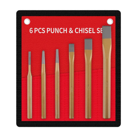 Solid 6Pcs Center Punch And Chisel Kit For Metal DIY Pros Includes Flat Masonry Chisels Precision Tools With Tough Steel Build You Need For Heavy Duty Projects That Get The Job Done Right., 6-piece steel punch and chisel set on red fabric holder