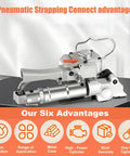 New Style Lightweight Aluminum Pneumatic Strapping Machine With One Button Hot Seal for PP PET banding, showing details and advantages.