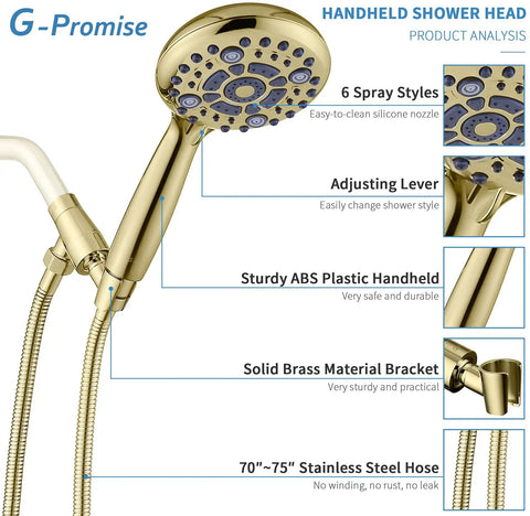 High Pressure Handheld Shower Head With Six Spray Settings Detachable Design 4.9 Inch Face Extra Long 70 Inch Hose