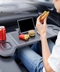 Heavy Duty Foldable Car Tray For Tesla Cybertruck Steering Wheel Hook Snack Holder Laptop Stand with food and tablet.
