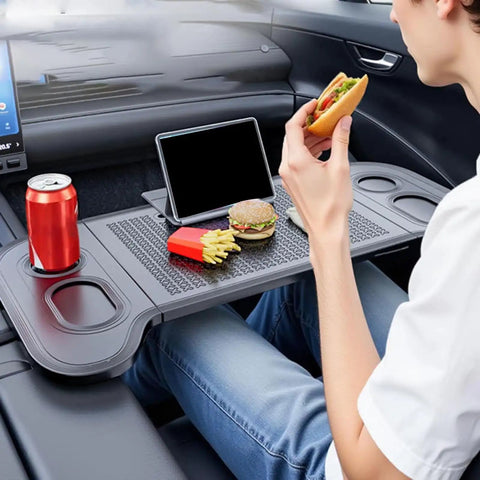 Heavy Duty Foldable Car Tray For Tesla Cybertruck Steering Wheel Hook Snack Holder Laptop Stand with food and tablet.
