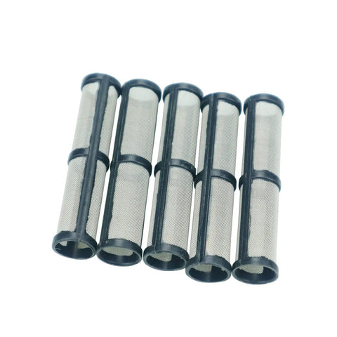 Five airless paint sprayer filters, 60 mesh set, durable plastic and stainless steel, for high temp use, compatible with 246384 sprayers.