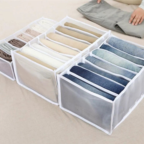 Wardrobe Upgrade Alert Killer 7 Grid Pants Organizer Box For Closet Drawer Sorter with seven compartments holding folded pants