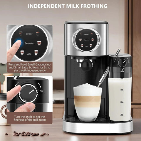 Front view of 3 In 1 Espresso Machine With 20 Bar Pressure, Automatic Milk Frother, Ground Coffee Or Pods, Dual Boiler, 57 Oz Water Tank, Home Espresso For Cappuccino And Latte, Touchscreen Control Panel.