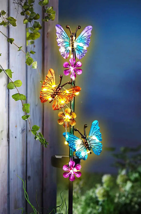 Outdoor Solar Butterfly Stake Lights Waterproof Garden Pathway Decor With Lit Up Soft Yellow Glow 2 Pack in vibrant colors