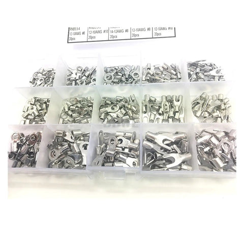 Top Notch 300 Pc Crimp Ring Fork Spade Terminal Kit With Assorted U-Types For Solid Wire Lugs in plastic organizer