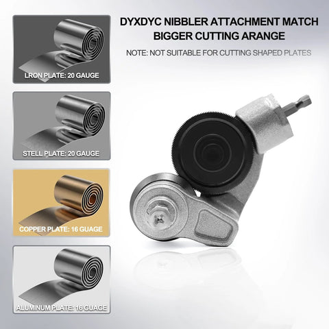 Jikbeed metal nibbler drill attachment for sheet metal up to 21 gauge; cuts iron, steel, copper, aluminum sheets.