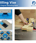 Built Tough Precision Mill Vise Featuring Rock Solid 360 Degree Swiveling Base, heavy duty steel clamp holding wood for shaping.