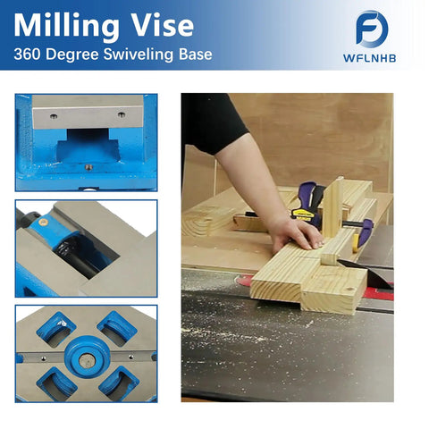Built Tough Precision Mill Vise Featuring Rock Solid 360 Degree Swiveling Base, heavy duty steel clamp holding wood for shaping.