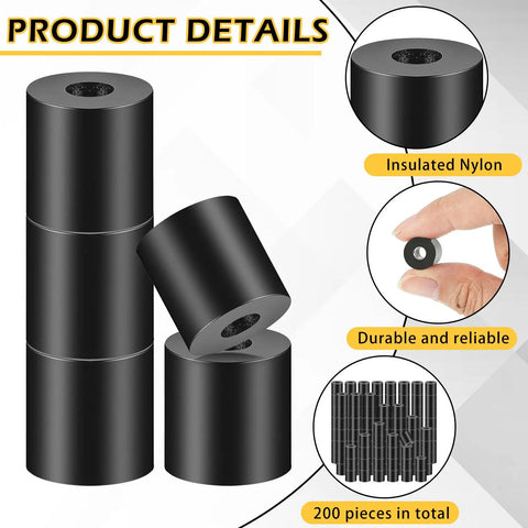 Stack of 200 Pcs Black Nylon Spacers Half Inch Thick, Outer Diameter Half Inch, Inner Diameter 0.194 Inch for electronics.