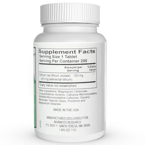 Dr Hans Nieper Lithium Orotate 5mg, 200 Count bottle showing supplement facts label on back