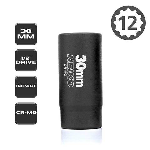 30mm Deep Impact Socket for Half Inch Drive Heavy Duty Cr Mo Chrome Moly with Black Phosphate Coating 12 Point Triple Square Axle Nut Remover for Spindle and Axle Hub