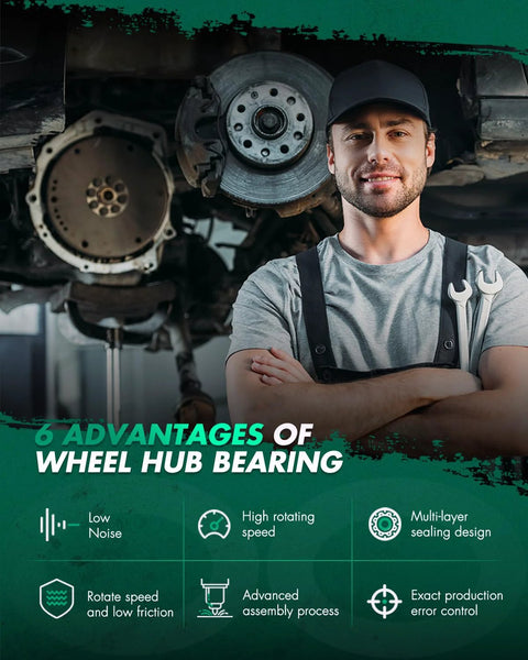 Mechanic standing under car with focus on front wheel bearing hub; text highlights advantages of wheel hub bearing for AWD vehicles.