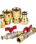 Half Inch Brass Ball Valve Hose Adapter With 16mm Quick Connector For Garden Irrigation And Watering Fittings Extender Coupling Joint Easy Install Ideal For DIY Garden Projects And Quick Watering Setup On Any Hose System, brass connectors shown