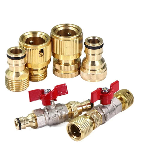 Half Inch Brass Ball Valve Hose Adapter With 16mm Quick Connector For Garden Irrigation And Watering Fittings Extender Coupling Joint Easy Install Ideal For DIY Garden Projects And Quick Watering Setup On Any Hose System, brass connectors shown