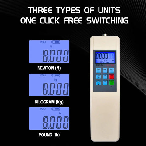 Digital Force Gauge 10 KN Push Pull Dynamometer With External Load Cell USB Output Peak And Track Modes Three Units N Kg Lb One Percent Accuracy For Precise Tension Testing And Material Strength Checks, three units display