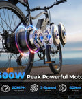Power Packed 500W Peak Electric Bike For Adults With Up To 60 Mile Range Removable Battery 20 MPH Assist 7 Speed Gearing 26 Inch Tires Shock Absorber Slick Commuter E Bike rear hub motor close-up
