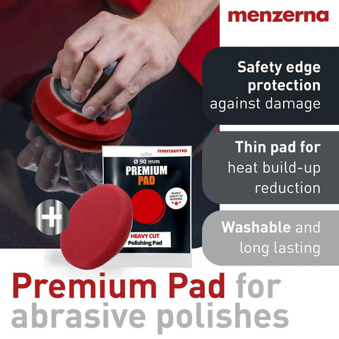Hand using red 90 mm Menzerna Premium Pad, heavy cut, washable for Scratch and Swirl Remover Kit Car Polishing Set with Heavy Cut 400 8oz.