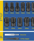 13 Piece Bolt Extractor Set With Half Inch Drive Impact Lug Nut Remover Socket Tool Center Punch Bar For Damaged Frozen Rusted Rounded Off Bolts And Screws Built Tough, shown with various socket sizes, extract bar, and hex adapter.