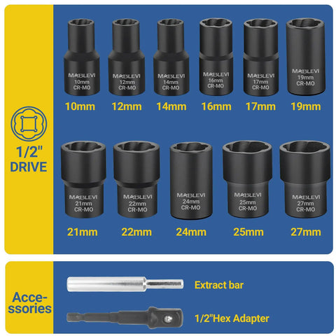 13 Piece Bolt Extractor Set With Half Inch Drive Impact Lug Nut Remover Socket Tool Center Punch Bar For Damaged Frozen Rusted Rounded Off Bolts And Screws Built Tough, shown with various socket sizes, extract bar, and hex adapter.