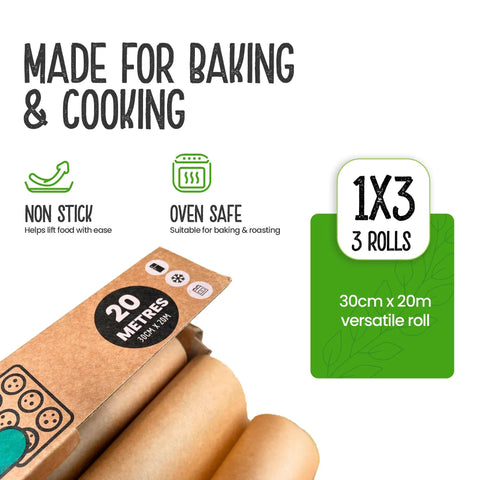 Compostable Unbleached Parchment Paper 60m Total Nonstick Greaseproof Baking Paper For Baking Roasting Wrapping Food Fridge Freezer Microwave Safe Eco Friendly 3 Pack packaging with details showing 20m roll, oven safe, nonstick features.