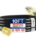 Heavy Duty 10ft Indoor Outdoor Extension Cord 10 Gauge 3 Conductor SJTW Waterproof 3 Prong Power Cable on white background