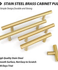 10 Pack Brushed Brass Finish Stainless Steel Cabinet Handles And Drawer Pulls For Kitchen And Bathroom Cupboards, 6 Inch Overall Length, Three And One Half Inch Hole Centers, 12mm Diameter, 32mm Projection, Durable Modern Hardware shown in a group