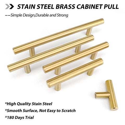 10 Pack Brushed Brass Finish Stainless Steel Cabinet Handles And Drawer Pulls For Kitchen And Bathroom Cupboards, 6 Inch Overall Length, Three And One Half Inch Hole Centers, 12mm Diameter, 32mm Projection, Durable Modern Hardware shown in a group