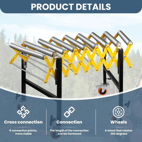 Boss Level Heavy Duty Portable Rolling Conveyor Table 660 Lb Load Capacity showing cross connection and adjustable rollers.