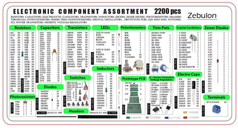 Epic 2200 Piece Electronics Component Kit With Capacitors Resistors Transistors Inductors Diodes Potentiometers ICs LEDs And PCBs for assortment list